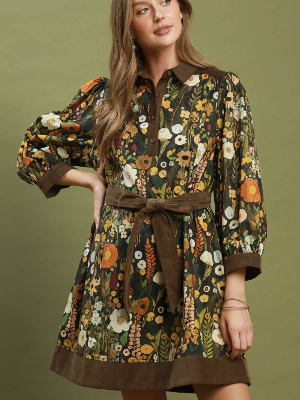 Floral Print Belted Puff Sleeve Mini Dress by Umgee USA